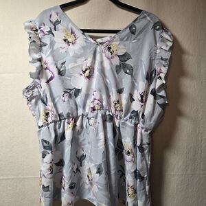 Floral Print Ruffle Sleeve Blouse - Light Blue